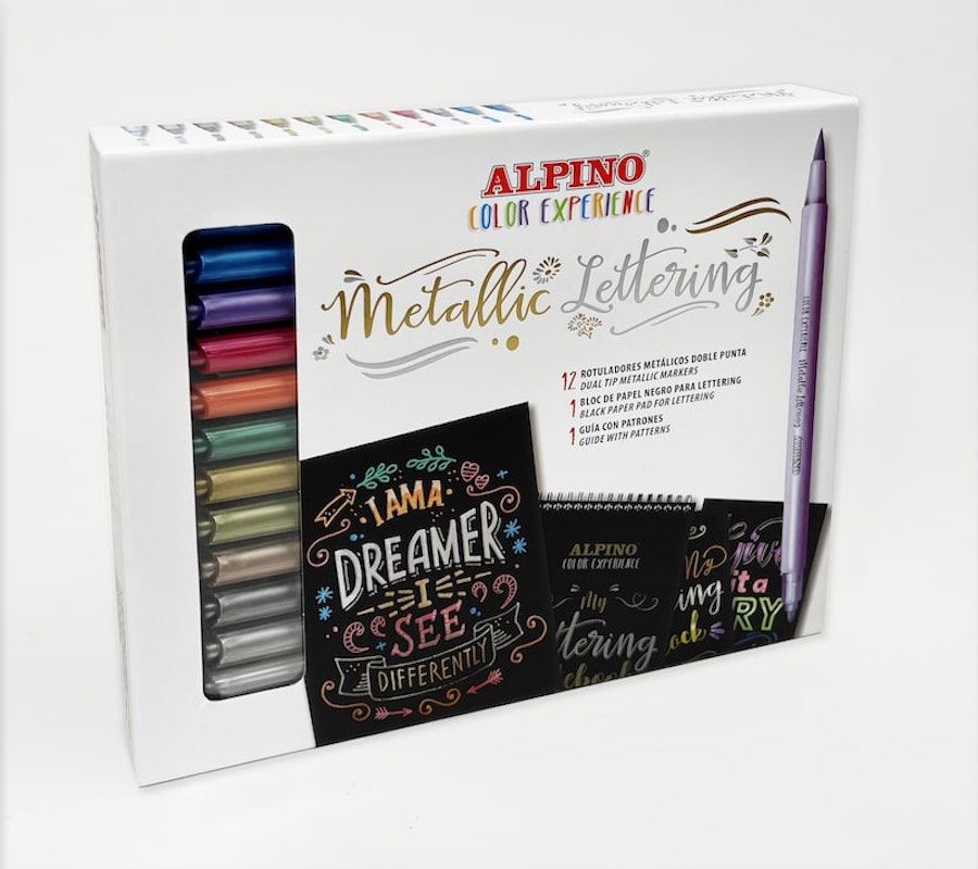 ROTULADORES LETTERING ALPINO COLORES METALICOS DOBLE PUNTA 12 COL.+ 1 BLOCK NEGRO +GUIA C/PATRONES 1