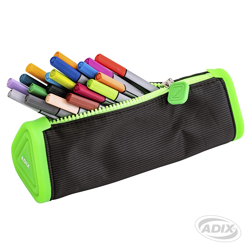ESTUCHE ESCOLAR ADIX NEGRO POLIESTER C/BORDE DE SILICONA VERDE(A503237) 1