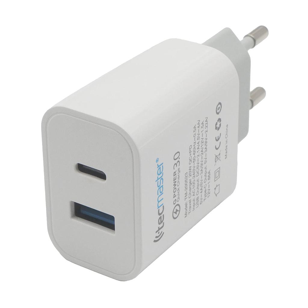 CARGADOR DE CELULAR TECMASTER DOBLE PTO. CARGA RAPIDA  USB A - USB TIPO C 20W C/CABLE TM-200523-1 1