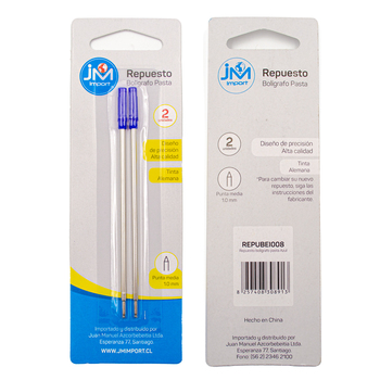REPUESTO BOLIGRAFO JM IMPORT CROSS PASTA MEDIO AZUL 2UN. 1
