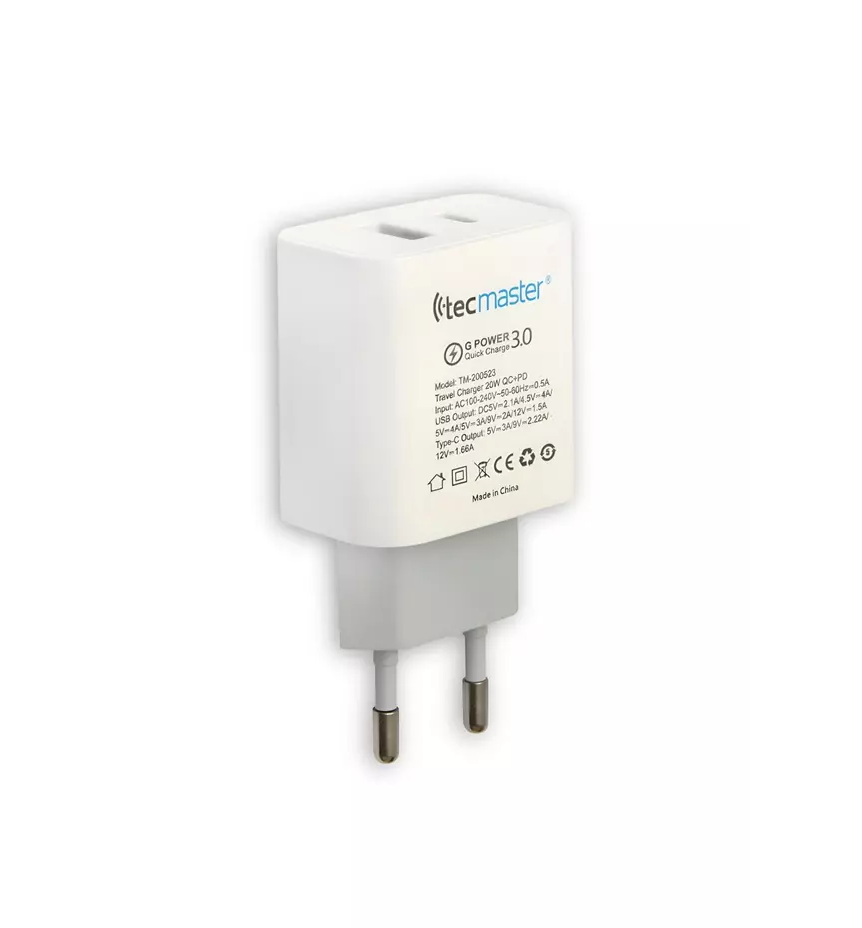CARGADOR DE CELULAR TECMASTER DOBLE PTO. CARGA RAPIDA USB A - USB TIPO C 20W  TM-200523 1