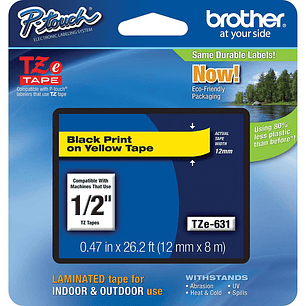 CINTA ROTULADORA BROTHER TZE-631 (12mm x 8 M) TIPO LAMINADA NEGRO SOBRE AMARILLO