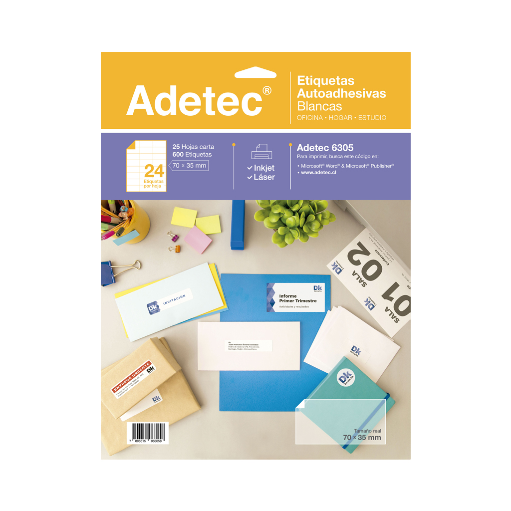 ETIQUETA LASER INK-JET ADETEC 70 x 35 mm 25 hjs 1