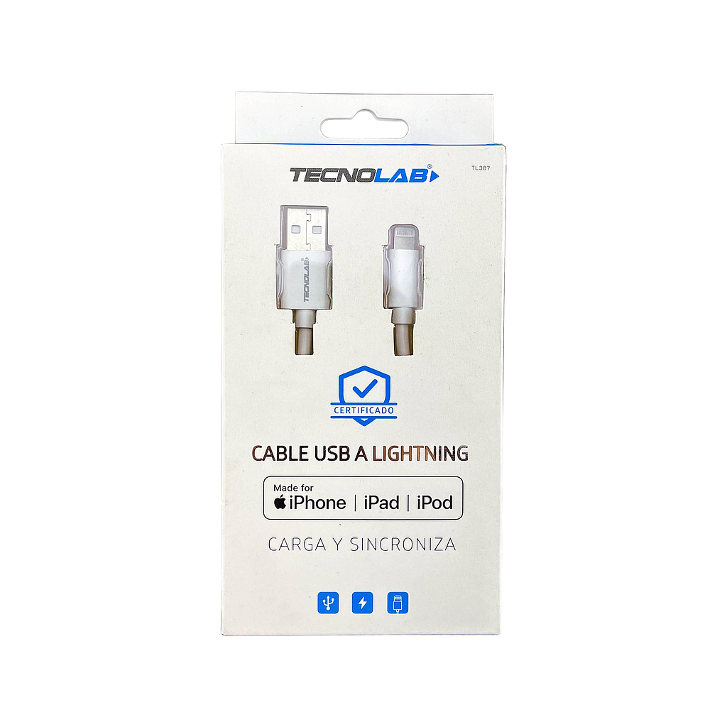 CABLE DE IPHONE Y IPAD TECNOLAB USB A LIGHTNING CERTIFICADO BLANCO 03-TL307W 1