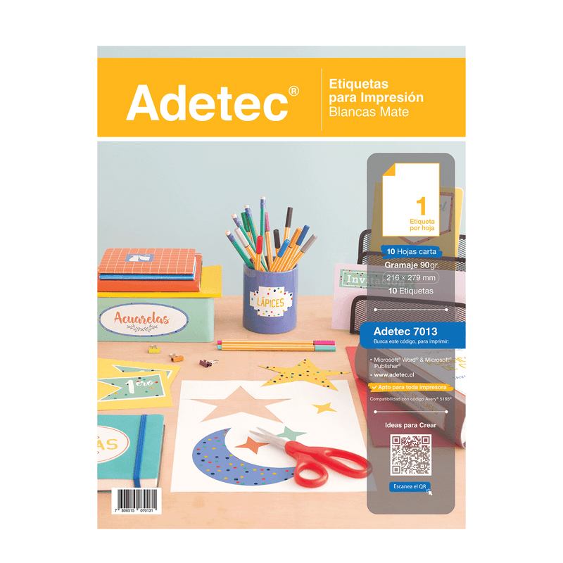 ETIQUETA LASER INK-JET ADETEC BLANCA MATE 216 x 279 mm 10 Hjs 1