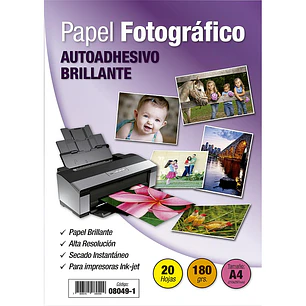 PAPEL FOTOGRAFICO INKJET A4 AUTOADHESIVO BRILLANTE 180 GRS 20 HOJAS