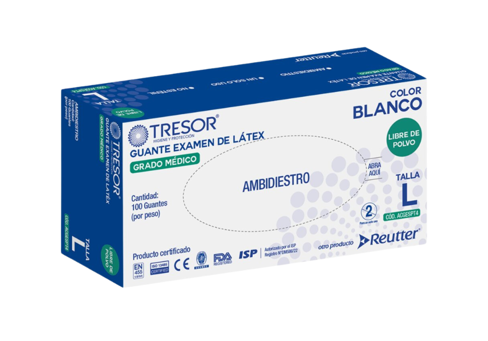 CAJA GUANTES DESECHABLES DE LATEX SIN POLVO TRESOR TALLA L 100 UNIDADES 1