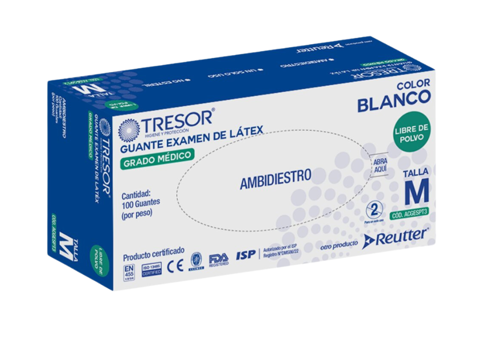 CAJA GUANTES DESECHABLES DE LATEX SIN POLVO TRESOR TALLA M 100 UNIDADES 1