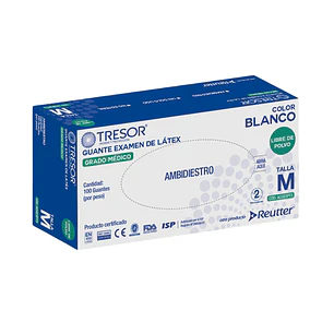 CAJA GUANTES DESECHABLES DE LATEX SIN POLVO TRESOR TALLA M 100 UNIDADES