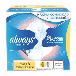 TOALLA FEMENINA ALWAYS INFINITY DIA FLEX FOAM X 18 UND. 1