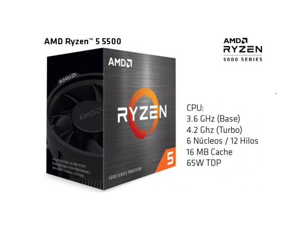 PROCESADOR AMD RYZEN 5 5500 6CORE, 12 HILOS 4.2GHZ MAX 3.6GHZ/19MB CACHE/AM4 NO GRAPHICS 1
