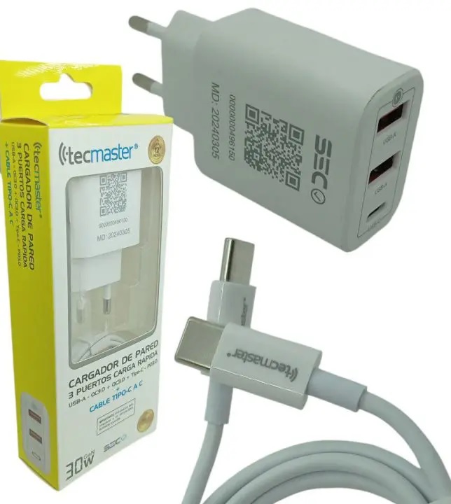 CARGADOR TECMASTER 3 PUERTOS CARGA RAPIDA USB A - USB C + CABLE TIPO-C A C 30W 1