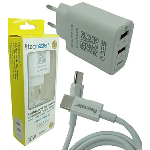 CARGADOR TECMASTER 3 PUERTOS CARGA RAPIDA USB A - USB C + CABLE TIPO-C A C 30W
