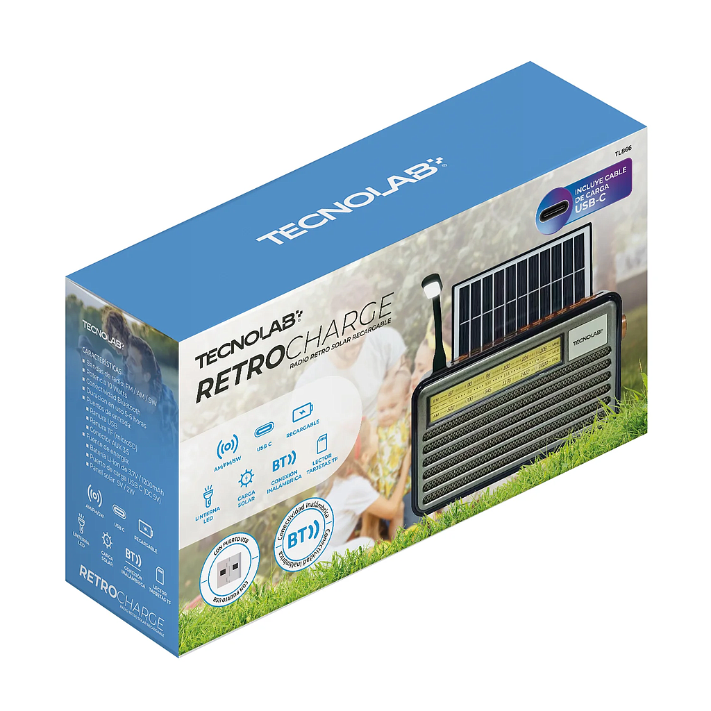 RADIO PORTÁTIL TECNOLAB BLUETOOTH RETRO CON PANEL SOLAR USB-C 1