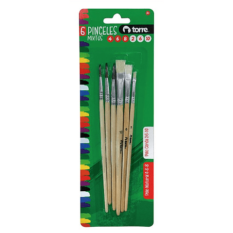 SET 6 PINCELES TORRE MIXTOS N° 4-6-8 REDONDOS N° 2-6-10 PLANOS 1