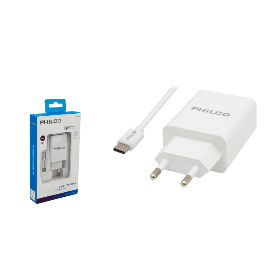 CARGADOR DE CELULAR PHILCO CARGA RAPIDA CON CABLE USB A TIPO-C QC619 1