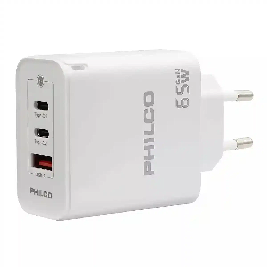 CARGADOR DE CELULAR PHILCO CARGA RAPIDA DE 65W USB A Y TIPO C 1