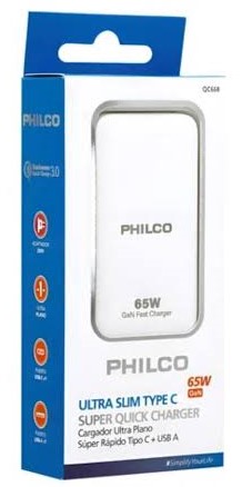 CARGADOR DE CELULAR PHILCO ULTRA PLANO CARGA RAPIDA CON TIPO C/ A USB A / 65W QC668 1