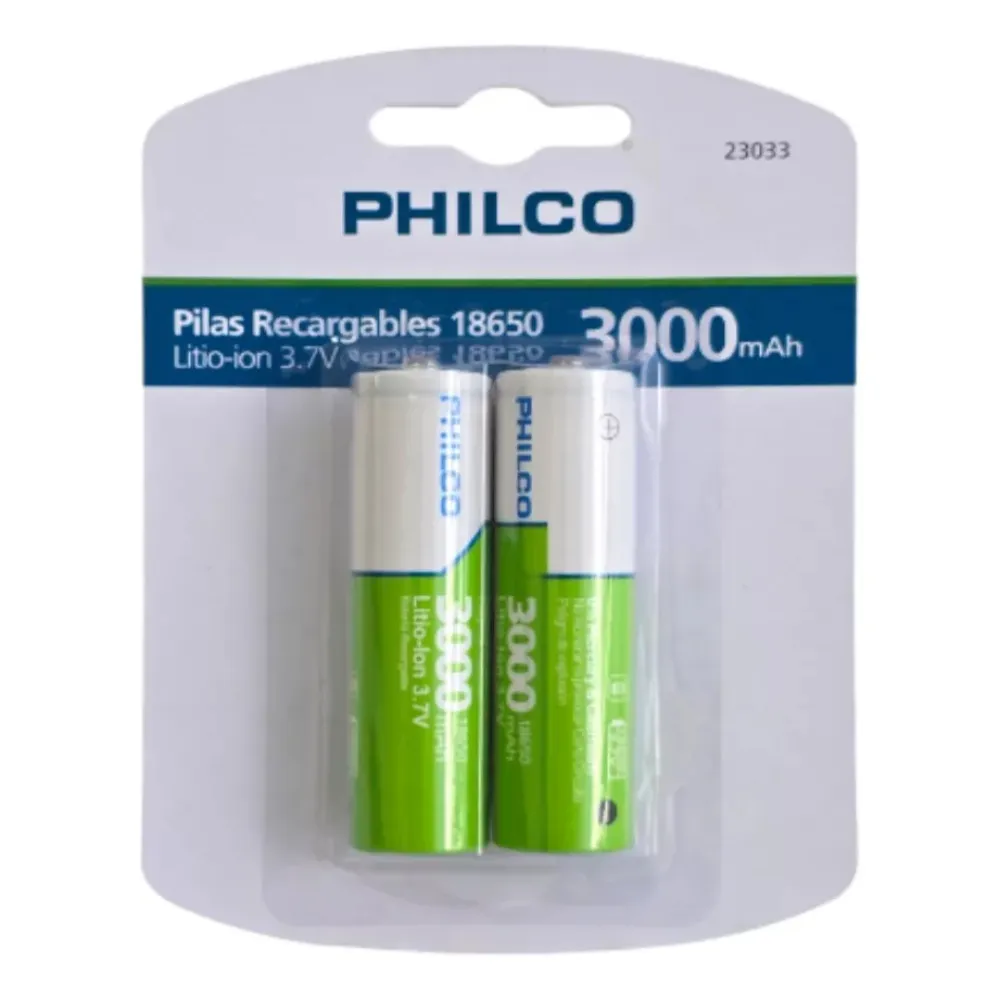 BLISTER PILAS RECARGABLES 18650 PHILCO LITIO-ION 3.7Vx2 3000mAh 1
