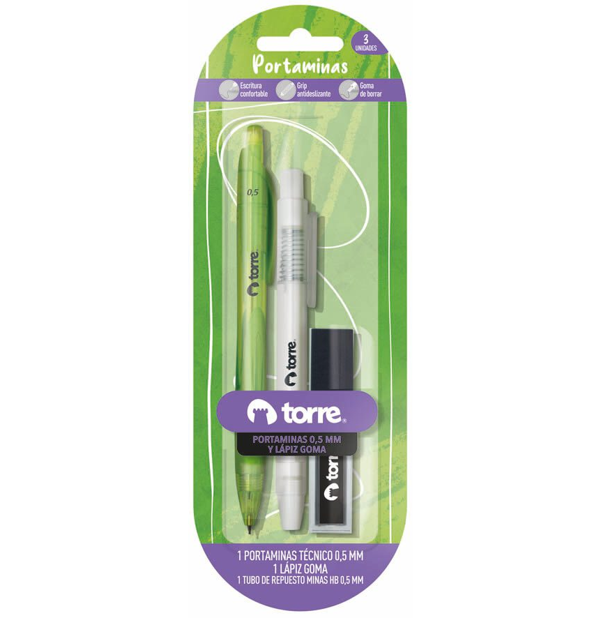 SET  PORTAMINAS TORRE 0.5MM+ LAPIZ GOMA + MINAS  1