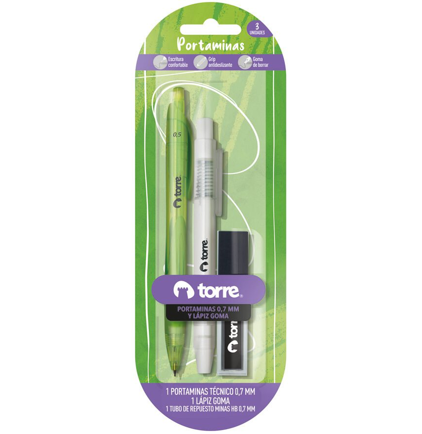 SET PORTAMINAS TORRE 0.7MM+ LAPIZ GOMA + MINAS 1