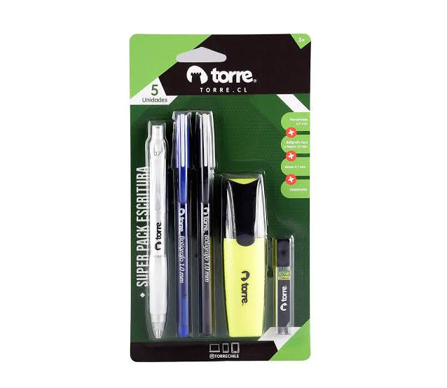 SET SUPER PACK TORRE LÁPIZ PASTA AZUL/NEGRO+PORTAMINA 0.7+REPTO MINAS+DESTACADOR 1