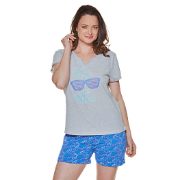 Pijama Mujer Corto Beckil Lentes Gris Melange / Azul