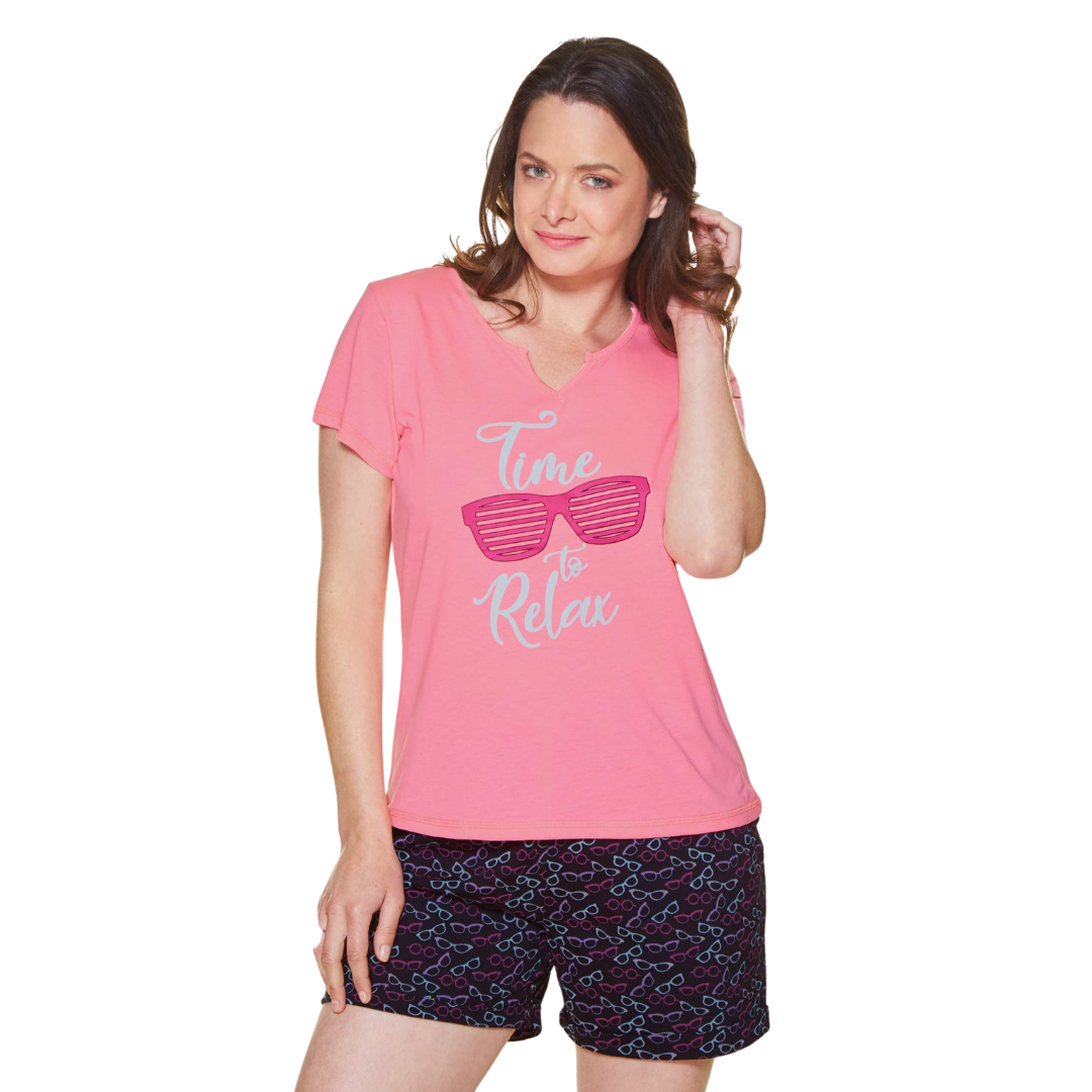 Pijama Mujer Corto Beckil Lentes Coral Intenso / Negro