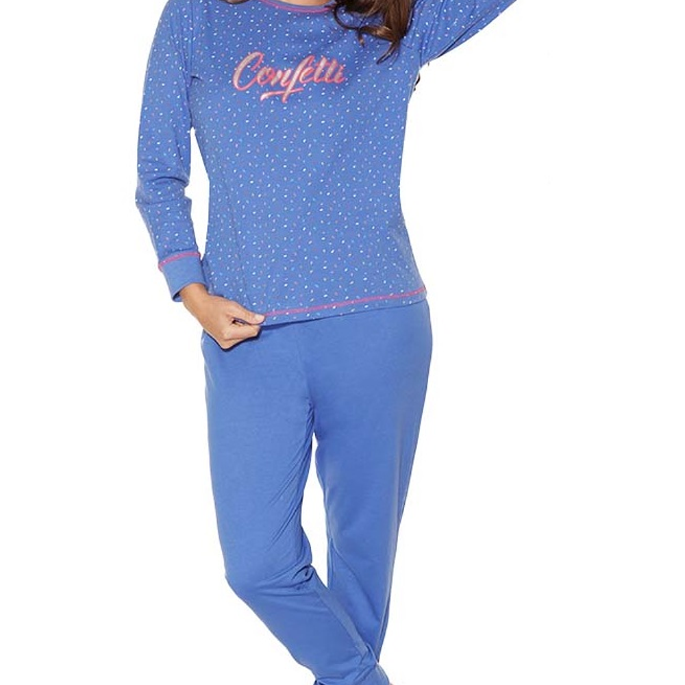 Pijama Mujer Gamuza Largo Beckil Confetti Azulino