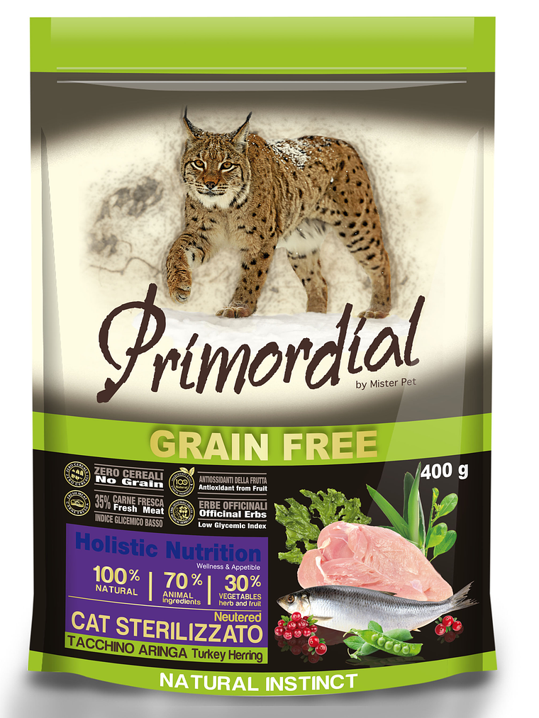 Primordial Sem Cereais Perú & Arenque p/ Gato Esterilizado 400gr 1