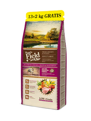 Sam's Field Ração Cão Adulto Para Raças Grandes Low Grain Frango & Batata 13Kg + 2Kg 