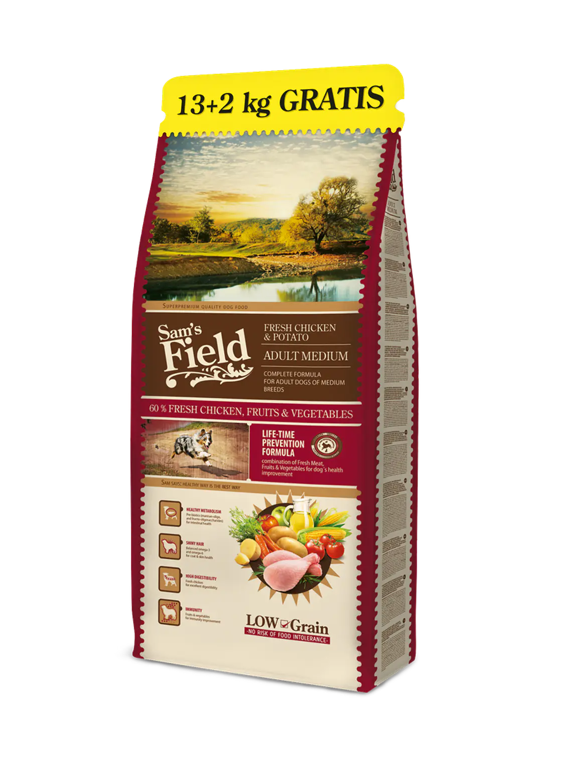 Sam's Field Ração Para Cão Adulto Médio Low Grain Frango e Batata 13Kg + 2 Kg Grátis 1