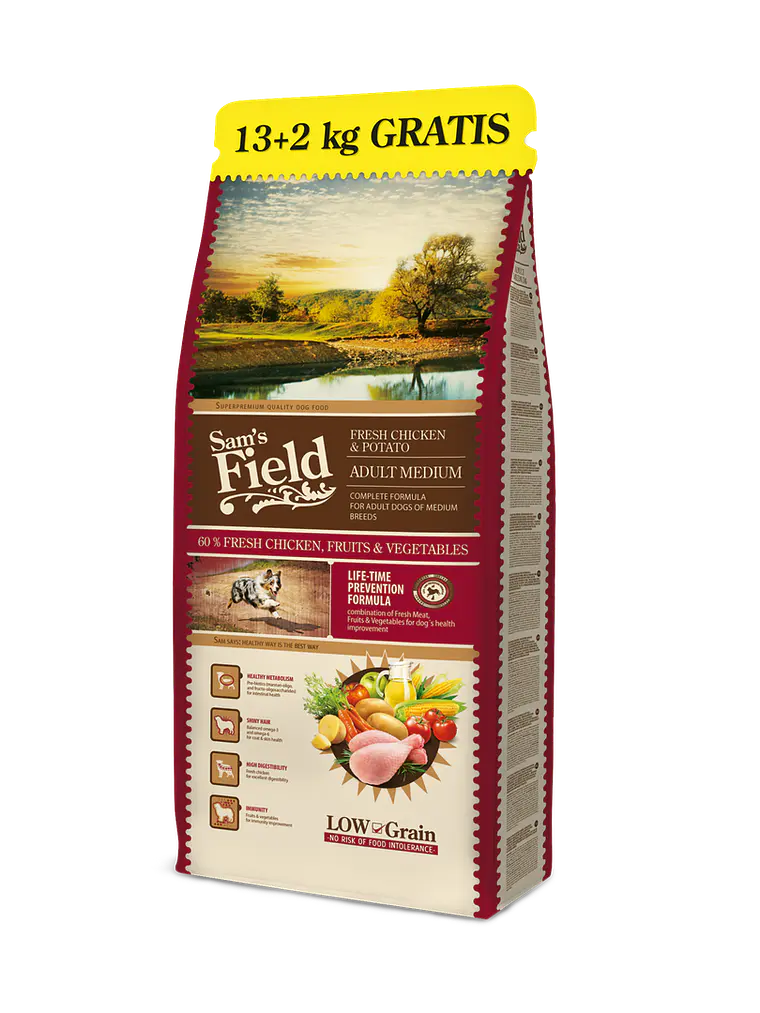 Sam's Field Ração Para Cão Adulto Médio Low Grain Frango e Batata 13Kg + 2 Kg Grátis 1