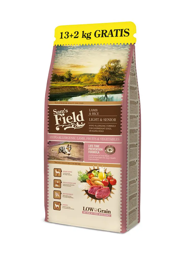Sam's Field Low Grain Adult Dog Hypoallergenic Lamb Light & Senior 13 kg + 2 kg Grátis 1