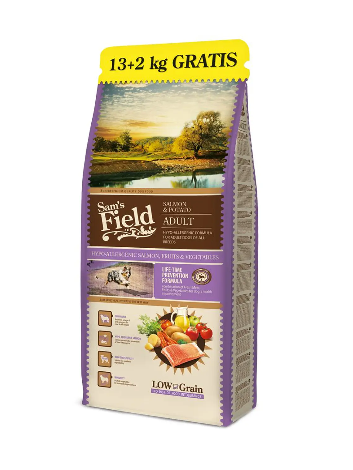 SAM'S FIELD LOW GRAIN ADULT DOG HYPOALLERGENIC SALMON & POTATO 13KG + 2KG GRÁTIS 1
