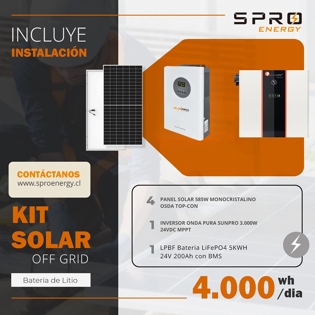 KIT DE ENERGIA SOLAR 4.000W SISTEMA FUERA DE RED (MPPT) INCLUYE INSTALACION (LITIO) 1