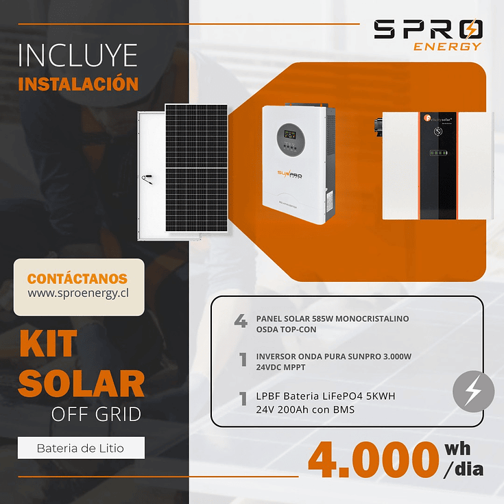 KIT DE ENERGIA SOLAR 4.000W SISTEMA FUERA DE RED (MPPT) INCLUYE INSTALACION (LITIO) 1