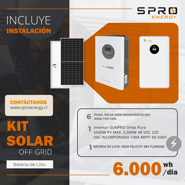 KIT DE ENERGIA SOLAR 6.000W SISTEMA FUERA DE RED (MPPT) INCLUYE INSTALACION (LITIO) 1