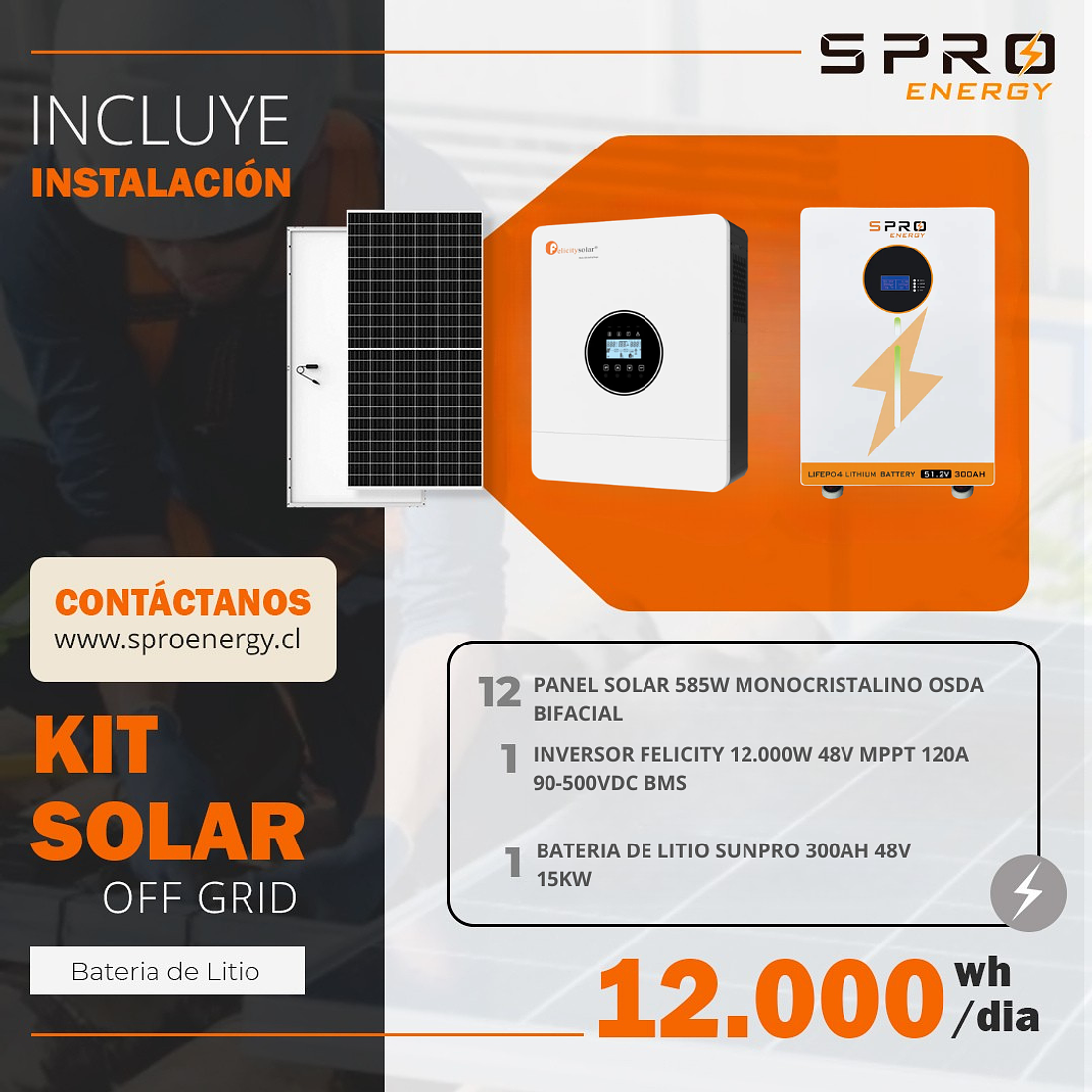 KIT DE ENERGIA SOLAR 12.000W SISTEMA FUERA DE RED (MPPT) INCLUYE INSTALACION (LITIO) 1