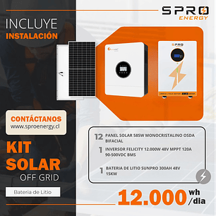 KIT DE ENERGIA SOLAR 12.000W SISTEMA FUERA DE RED (MPPT) INCLUYE INSTALACION (LITIO)