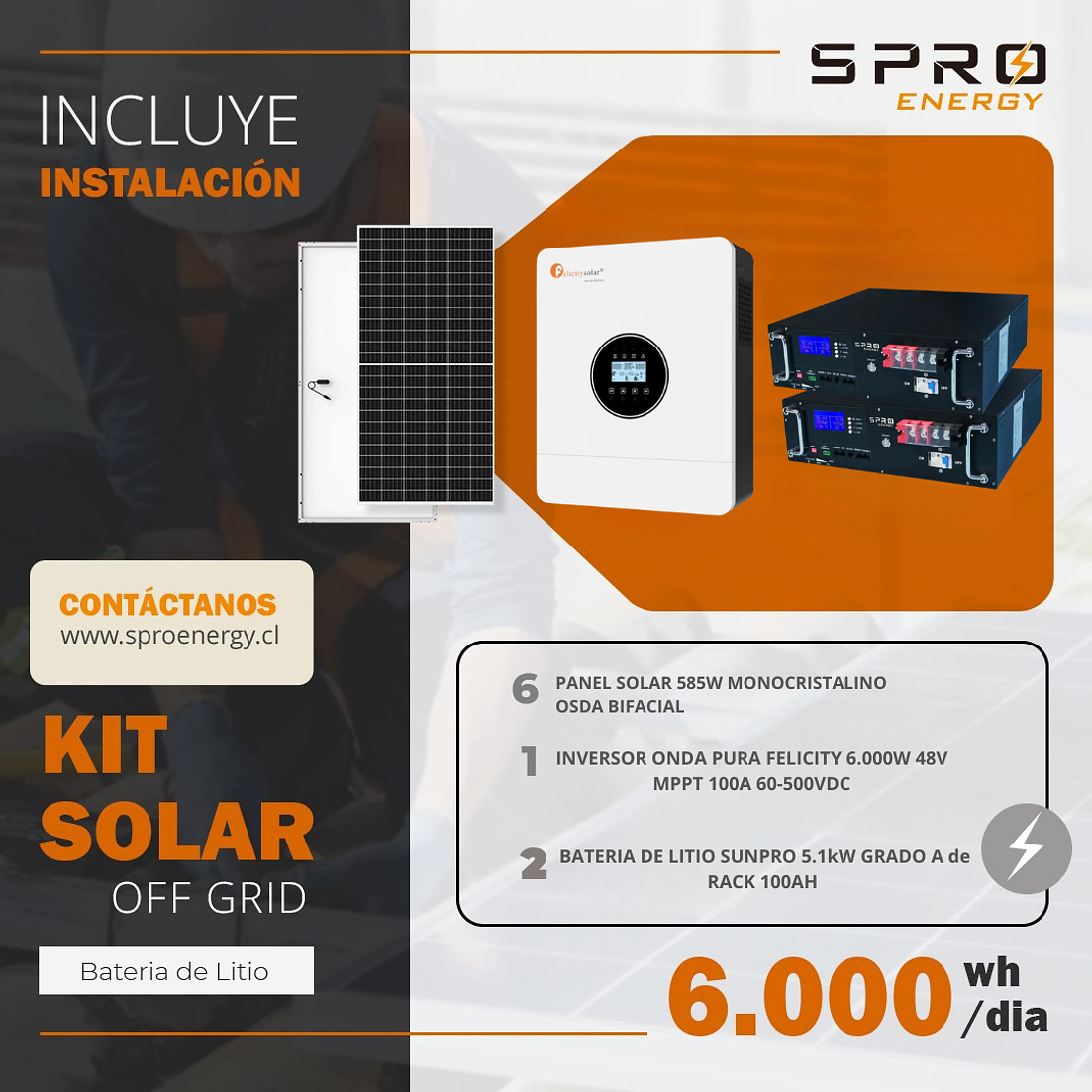 KIT DE ENERGIA SOLAR 6.000W SISTEMA FUERA DE RED (MPPT) INCLUYE INSTALACION (LITIO) 1