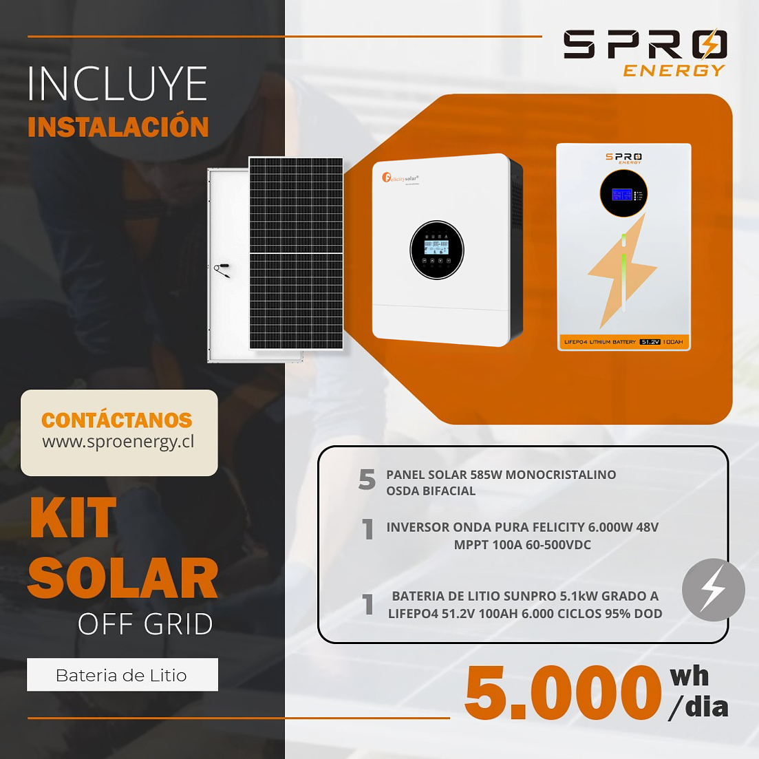 KIT DE ENERGIA SOLAR 5.000W SISTEMA FUERA DE RED (MPPT) INCLUYE INSTALACION (LITIO) 1