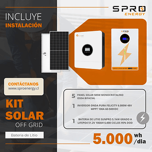 KIT DE ENERGIA SOLAR 5.000W SISTEMA FUERA DE RED (MPPT) INCLUYE INSTALACION (LITIO)