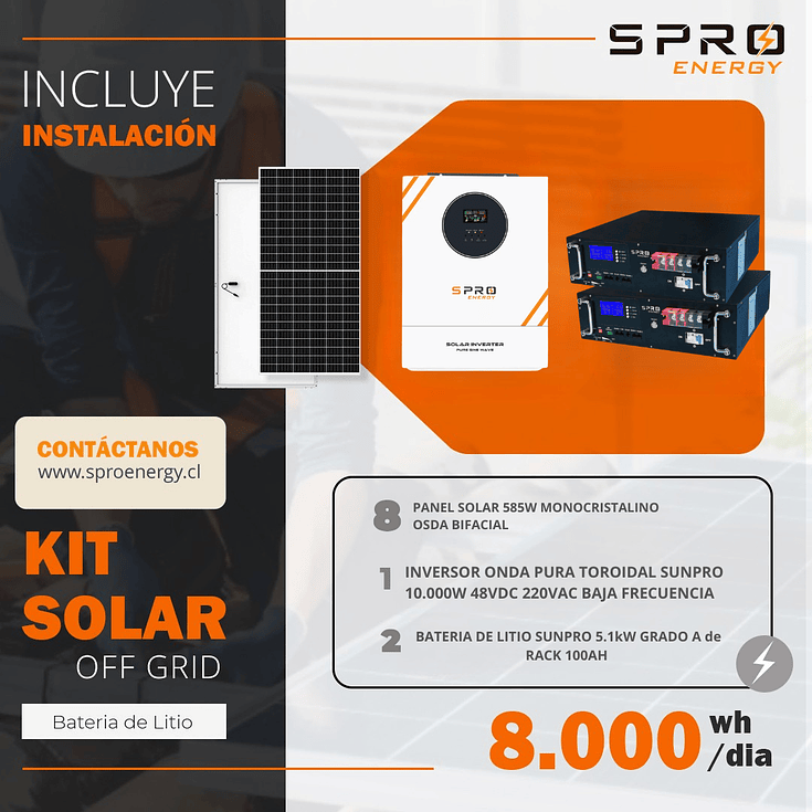 KIT DE ENERGIA SOLAR 8.000W SISTEMA FUERA DE RED (MPPT) INCLUYE INSTALACION (LITIO) 1