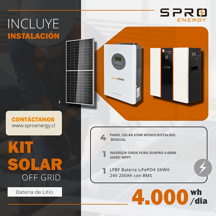 KIT DE ENERGIA SOLAR 4.000W SISTEMA FUERA DE RED (MPPT) INCLUYE INSTALACION (LITIO) 1