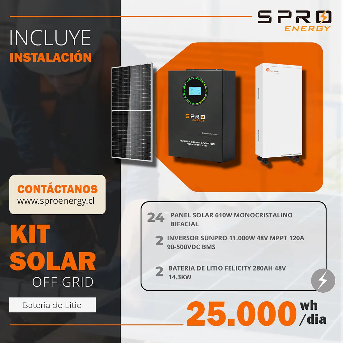 KIT DE ENERGIA SOLAR 25.000W SISTEMA FUERA DE RED (MPPT) INCLUYE INSTALACION (LITIO) 1