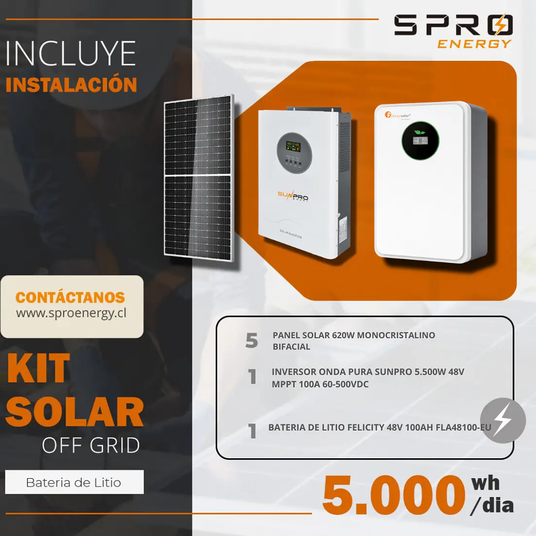 KIT DE ENERGIA SOLAR 5.000W SISTEMA FUERA DE RED (MPPT) INCLUYE INSTALACION (LITIO) 1
