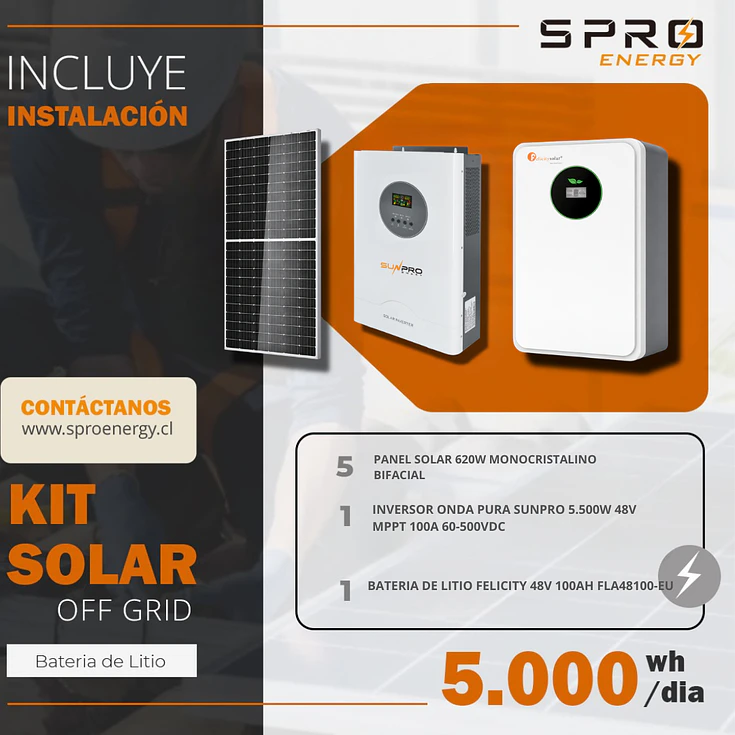 KIT DE ENERGIA SOLAR 5.000W SISTEMA FUERA DE RED (MPPT) INCLUYE INSTALACION (LITIO) 1