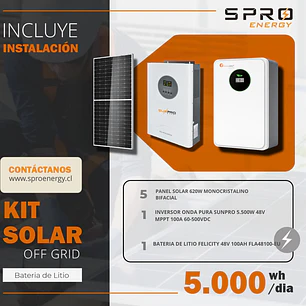 KIT DE ENERGIA SOLAR 5.000W SISTEMA FUERA DE RED (MPPT) INCLUYE INSTALACION (LITIO)