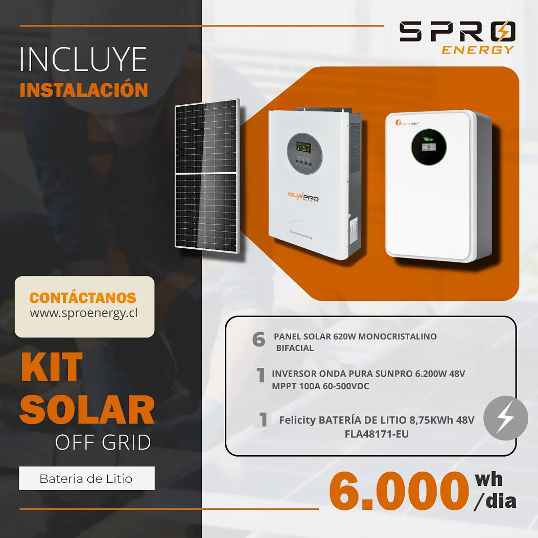 KIT DE ENERGIA SOLAR 6.000W SISTEMA FUERA DE RED (MPPT) INCLUYE INSTALACION (LITIO) 1